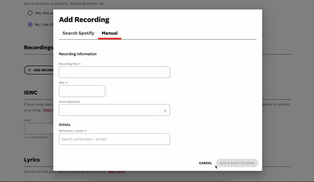 Manually add a song recording