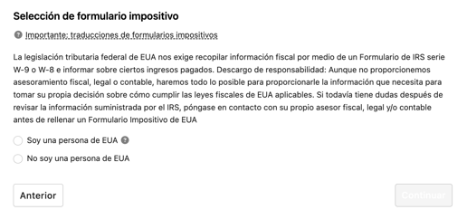 Songtrust - Selección de formulario impositivo